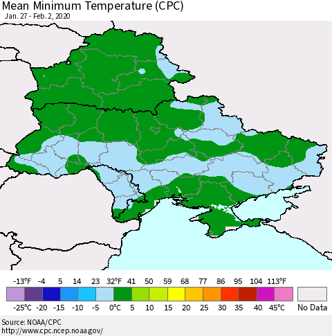 Ukraine, Moldova and Belarus Mean Minimum Temperature (CPC) Thematic Map For 1/27/2020 - 2/2/2020