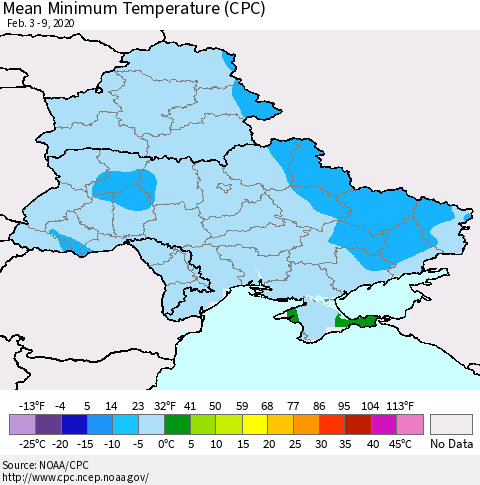 Ukraine, Moldova and Belarus Mean Minimum Temperature (CPC) Thematic Map For 2/3/2020 - 2/9/2020