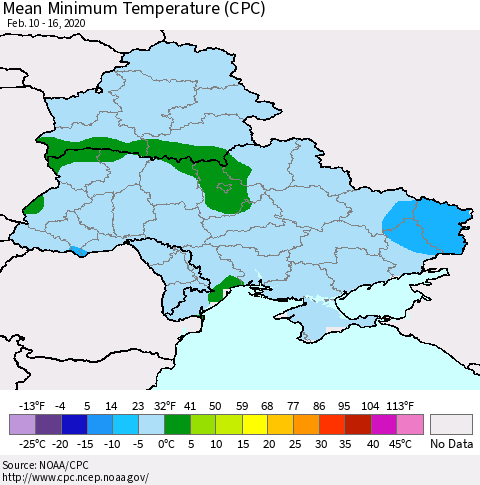Ukraine, Moldova and Belarus Mean Minimum Temperature (CPC) Thematic Map For 2/10/2020 - 2/16/2020
