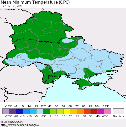 Ukraine, Moldova and Belarus Minimum Temperature (CPC) Thematic Map For 2/17/2020 - 2/23/2020