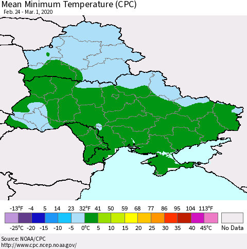 Ukraine, Moldova and Belarus Minimum Temperature (CPC) Thematic Map For 2/24/2020 - 3/1/2020