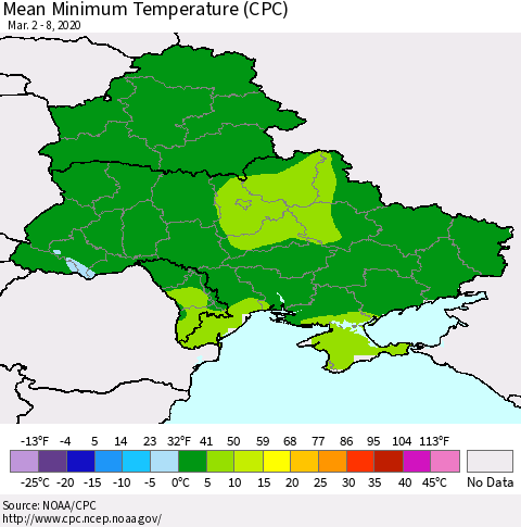 Ukraine, Moldova and Belarus Mean Minimum Temperature (CPC) Thematic Map For 3/2/2020 - 3/8/2020