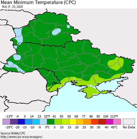 Ukraine, Moldova and Belarus Mean Minimum Temperature (CPC) Thematic Map For 3/9/2020 - 3/15/2020