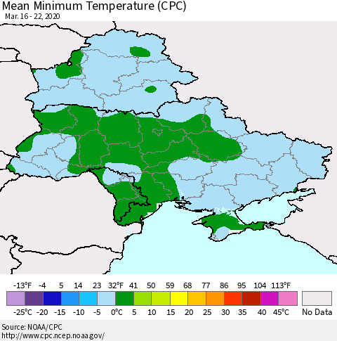 Ukraine, Moldova and Belarus Mean Minimum Temperature (CPC) Thematic Map For 3/16/2020 - 3/22/2020