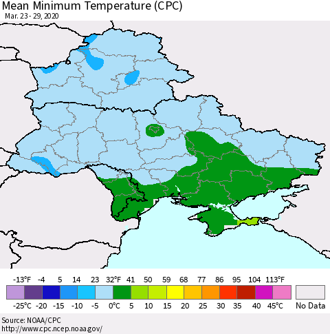 Ukraine, Moldova and Belarus Mean Minimum Temperature (CPC) Thematic Map For 3/23/2020 - 3/29/2020