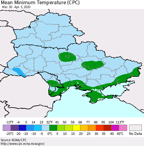 Ukraine, Moldova and Belarus Mean Minimum Temperature (CPC) Thematic Map For 3/30/2020 - 4/5/2020