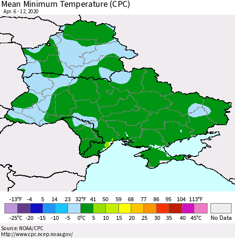 Ukraine, Moldova and Belarus Mean Minimum Temperature (CPC) Thematic Map For 4/6/2020 - 4/12/2020