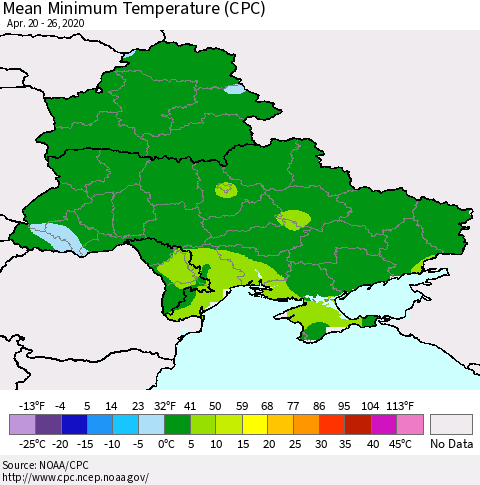 Ukraine, Moldova and Belarus Mean Minimum Temperature (CPC) Thematic Map For 4/20/2020 - 4/26/2020