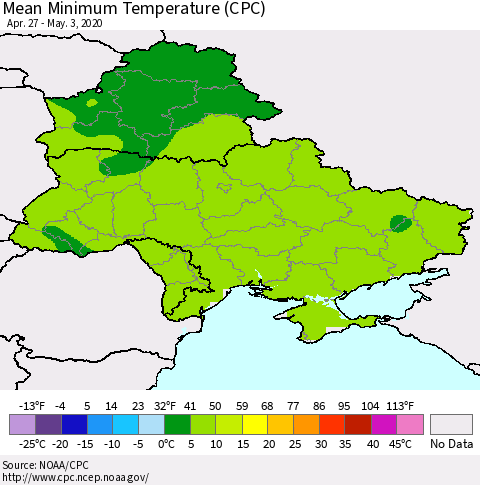 Ukraine, Moldova and Belarus Mean Minimum Temperature (CPC) Thematic Map For 4/27/2020 - 5/3/2020