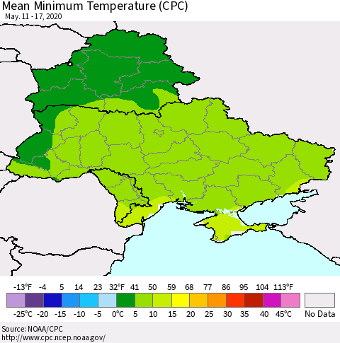 Ukraine, Moldova and Belarus Minimum Temperature (CPC) Thematic Map For 5/11/2020 - 5/17/2020