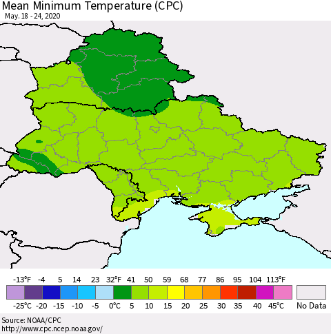Ukraine, Moldova and Belarus Mean Minimum Temperature (CPC) Thematic Map For 5/18/2020 - 5/24/2020