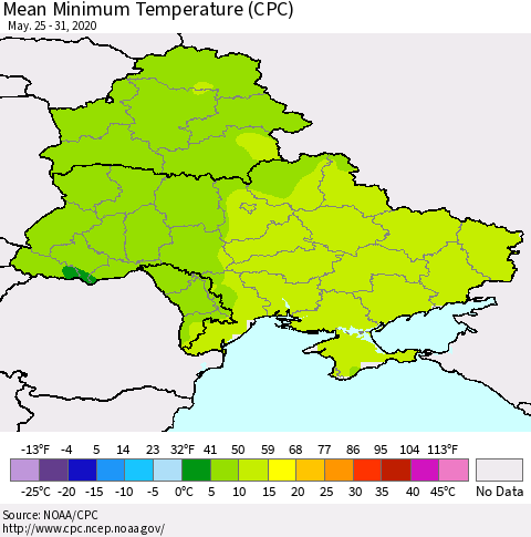 Ukraine, Moldova and Belarus Mean Minimum Temperature (CPC) Thematic Map For 5/25/2020 - 5/31/2020