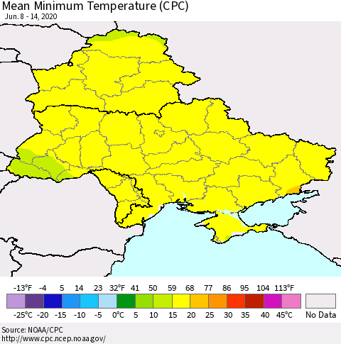 Ukraine, Moldova and Belarus Mean Minimum Temperature (CPC) Thematic Map For 6/8/2020 - 6/14/2020