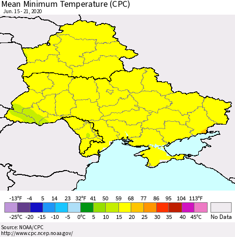 Ukraine, Moldova and Belarus Minimum Temperature (CPC) Thematic Map For 6/15/2020 - 6/21/2020
