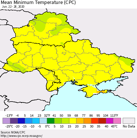 Ukraine, Moldova and Belarus Minimum Temperature (CPC) Thematic Map For 6/22/2020 - 6/28/2020