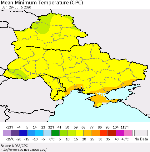 Ukraine, Moldova and Belarus Mean Minimum Temperature (CPC) Thematic Map For 6/29/2020 - 7/5/2020