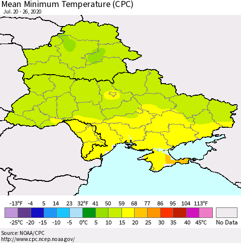 Ukraine, Moldova and Belarus Mean Minimum Temperature (CPC) Thematic Map For 7/20/2020 - 7/26/2020