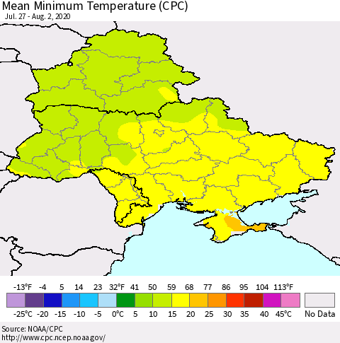Ukraine, Moldova and Belarus Mean Minimum Temperature (CPC) Thematic Map For 7/27/2020 - 8/2/2020
