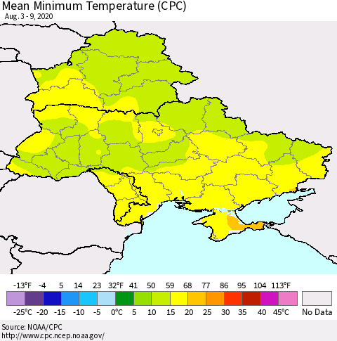 Ukraine, Moldova and Belarus Mean Minimum Temperature (CPC) Thematic Map For 8/3/2020 - 8/9/2020