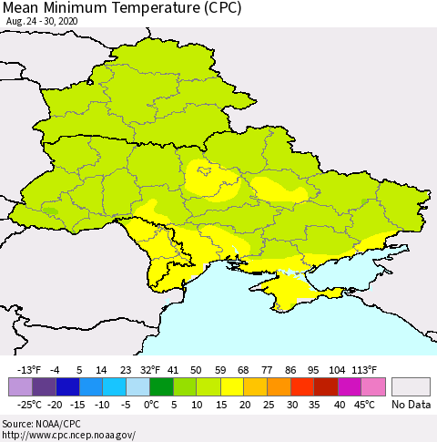 Ukraine, Moldova and Belarus Mean Minimum Temperature (CPC) Thematic Map For 8/24/2020 - 8/30/2020