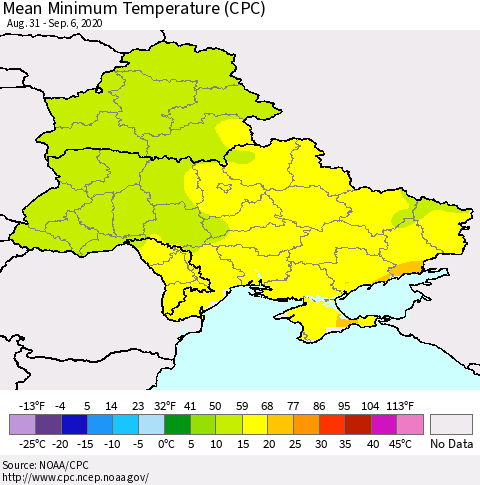 Ukraine, Moldova and Belarus Minimum Temperature (CPC) Thematic Map For 8/31/2020 - 9/6/2020