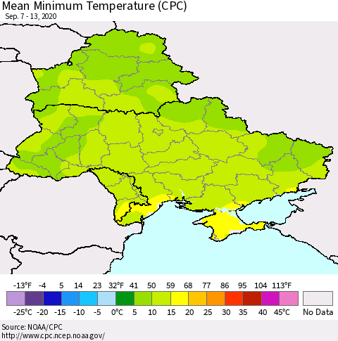 Ukraine, Moldova and Belarus Mean Minimum Temperature (CPC) Thematic Map For 9/7/2020 - 9/13/2020
