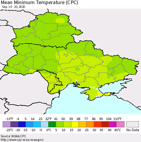Ukraine, Moldova and Belarus Minimum Temperature (CPC) Thematic Map For 9/14/2020 - 9/20/2020
