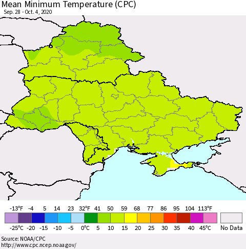 Ukraine, Moldova and Belarus Minimum Temperature (CPC) Thematic Map For 9/28/2020 - 10/4/2020