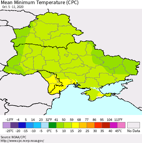 Ukraine, Moldova and Belarus Mean Minimum Temperature (CPC) Thematic Map For 10/5/2020 - 10/11/2020
