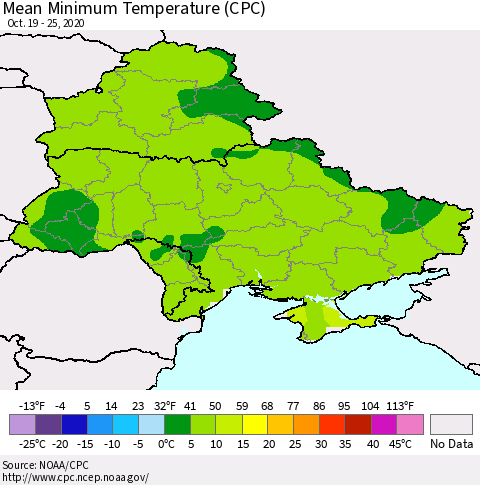 Ukraine, Moldova and Belarus Mean Minimum Temperature (CPC) Thematic Map For 10/19/2020 - 10/25/2020