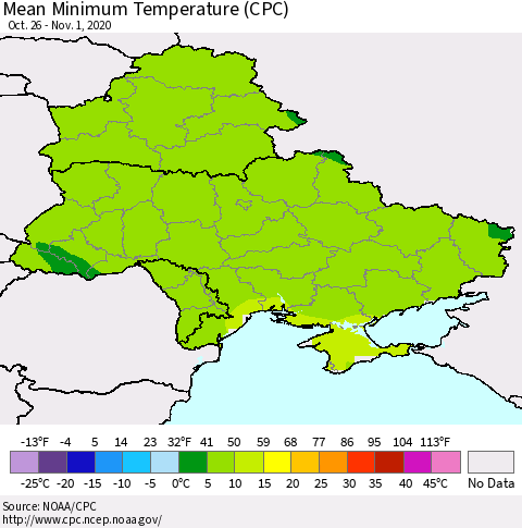 Ukraine, Moldova and Belarus Minimum Temperature (CPC) Thematic Map For 10/26/2020 - 11/1/2020