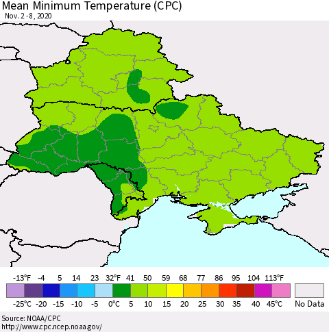 Ukraine, Moldova and Belarus Minimum Temperature (CPC) Thematic Map For 11/2/2020 - 11/8/2020