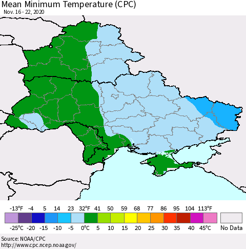 Ukraine, Moldova and Belarus Minimum Temperature (CPC) Thematic Map For 11/16/2020 - 11/22/2020