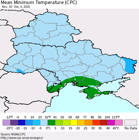 Ukraine, Moldova and Belarus Minimum Temperature (CPC) Thematic Map For 11/30/2020 - 12/6/2020