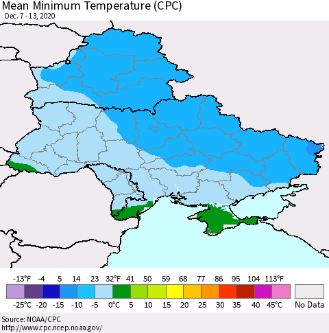 Ukraine, Moldova and Belarus Mean Minimum Temperature (CPC) Thematic Map For 12/7/2020 - 12/13/2020