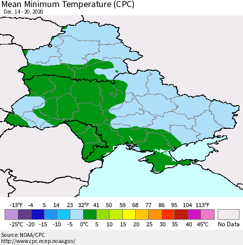 Ukraine, Moldova and Belarus Mean Minimum Temperature (CPC) Thematic Map For 12/14/2020 - 12/20/2020