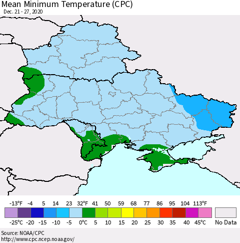 Ukraine, Moldova and Belarus Mean Minimum Temperature (CPC) Thematic Map For 12/21/2020 - 12/27/2020
