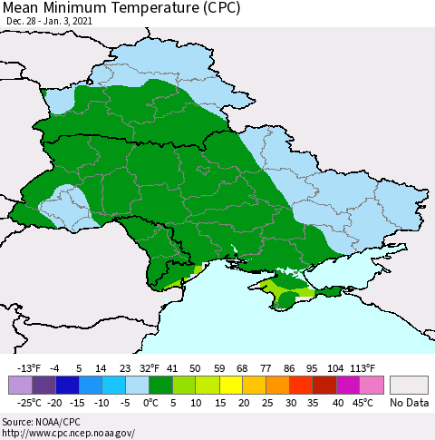 Ukraine, Moldova and Belarus Mean Minimum Temperature (CPC) Thematic Map For 12/28/2020 - 1/3/2021