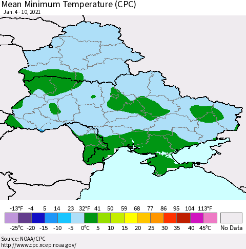 Ukraine, Moldova and Belarus Minimum Temperature (CPC) Thematic Map For 1/4/2021 - 1/10/2021