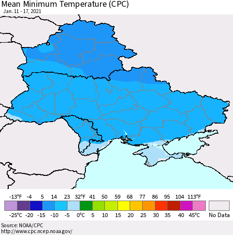 Ukraine, Moldova and Belarus Mean Minimum Temperature (CPC) Thematic Map For 1/11/2021 - 1/17/2021