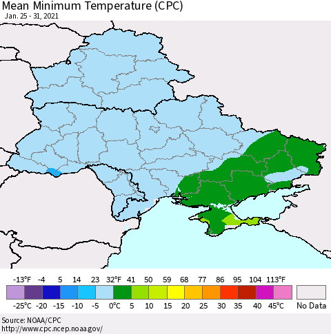 Ukraine, Moldova and Belarus Mean Minimum Temperature (CPC) Thematic Map For 1/25/2021 - 1/31/2021