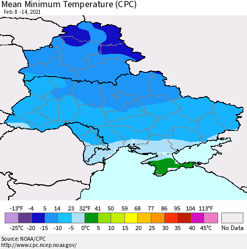Ukraine, Moldova and Belarus Minimum Temperature (CPC) Thematic Map For 2/8/2021 - 2/14/2021