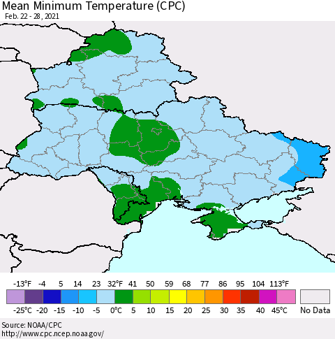 Ukraine, Moldova and Belarus Minimum Temperature (CPC) Thematic Map For 2/22/2021 - 2/28/2021