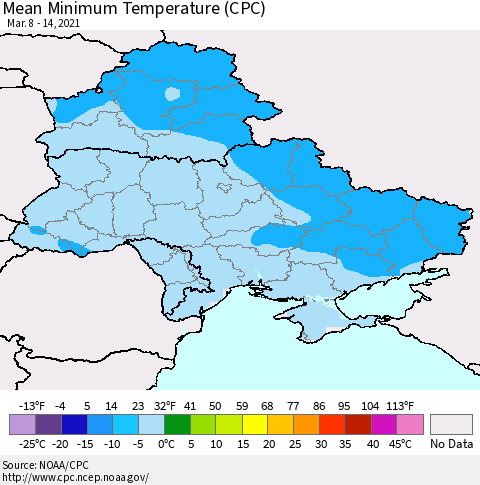 Ukraine, Moldova and Belarus Mean Minimum Temperature (CPC) Thematic Map For 3/8/2021 - 3/14/2021