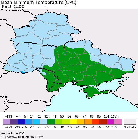 Ukraine, Moldova and Belarus Minimum Temperature (CPC) Thematic Map For 3/15/2021 - 3/21/2021