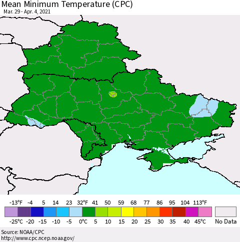 Ukraine, Moldova and Belarus Mean Minimum Temperature (CPC) Thematic Map For 3/29/2021 - 4/4/2021