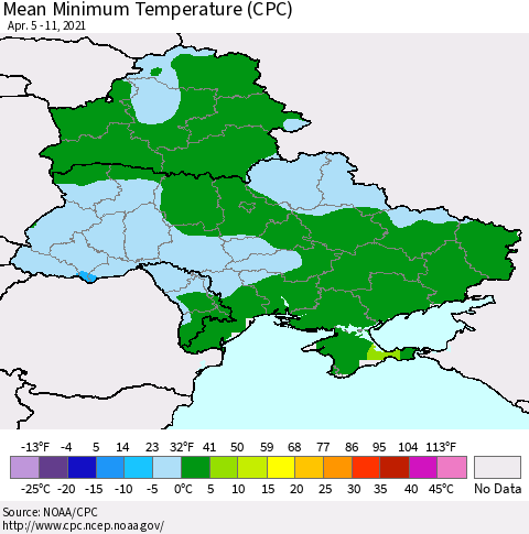 Ukraine, Moldova and Belarus Minimum Temperature (CPC) Thematic Map For 4/5/2021 - 4/11/2021