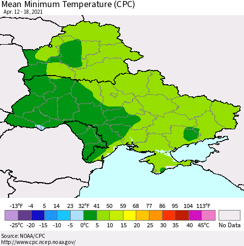 Ukraine, Moldova and Belarus Mean Minimum Temperature (CPC) Thematic Map For 4/12/2021 - 4/18/2021