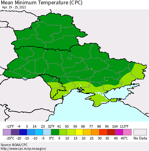 Ukraine, Moldova and Belarus Mean Minimum Temperature (CPC) Thematic Map For 4/19/2021 - 4/25/2021