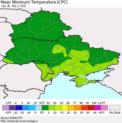 Ukraine, Moldova and Belarus Mean Minimum Temperature (CPC) Thematic Map For 4/26/2021 - 5/2/2021